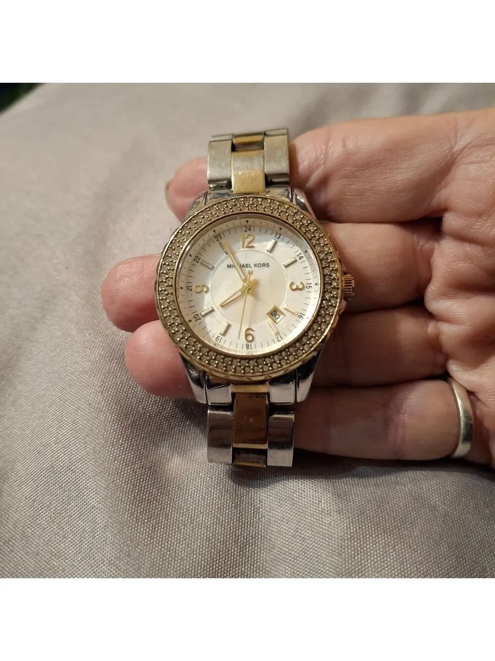 Michael Kors Gold and Silver Double Row of CZ Women's Watch Works Great Has Date
